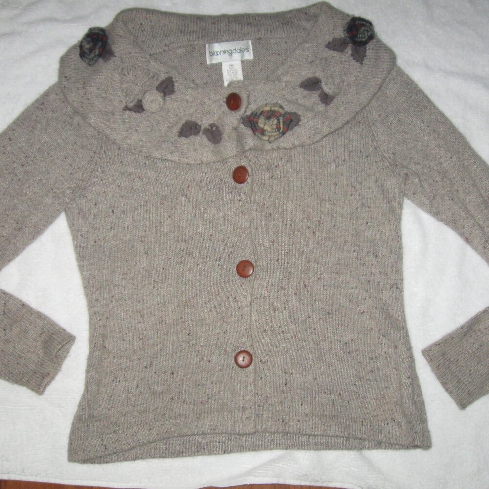 VINTAGE BLOOMINGDALES APPLIQUE SHAWL COLLAR GRAY PM CARDIGAN SWEATER COT…